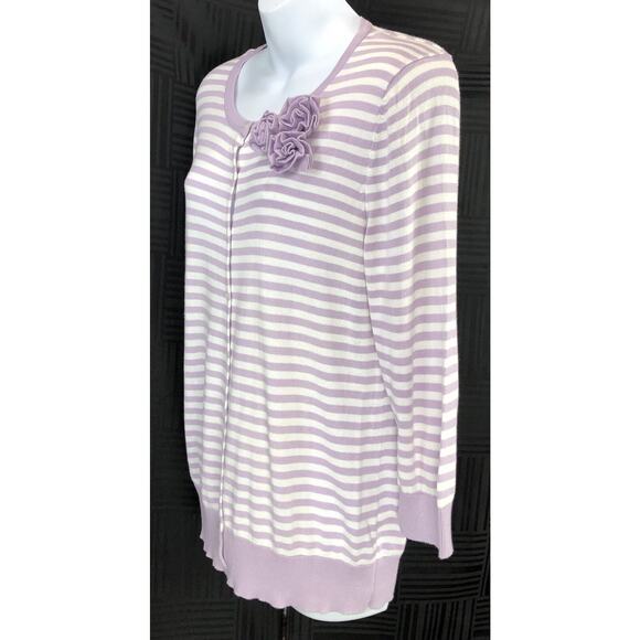 Vintage Knit Cardigan Sweater L Purple Stripe 3/4 Sleeve Crochet Flowers 90s Y2K - Picture 2 of 5